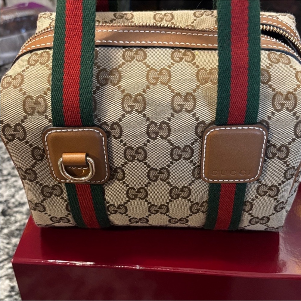 Gucci Beige and Brown Mini Bag with Red and Green Stripes